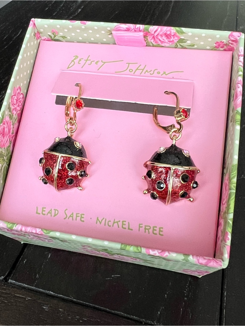 Betsey Johnson Red and Black Ladybug Drop Earrings